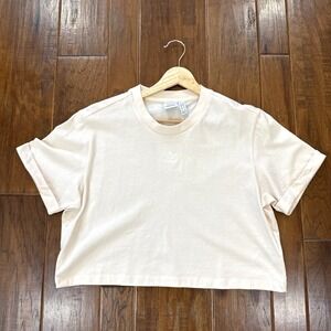 Adidas Center Logo Cropped Short Sleeve T Women's L Beige Embroidered Trefoil